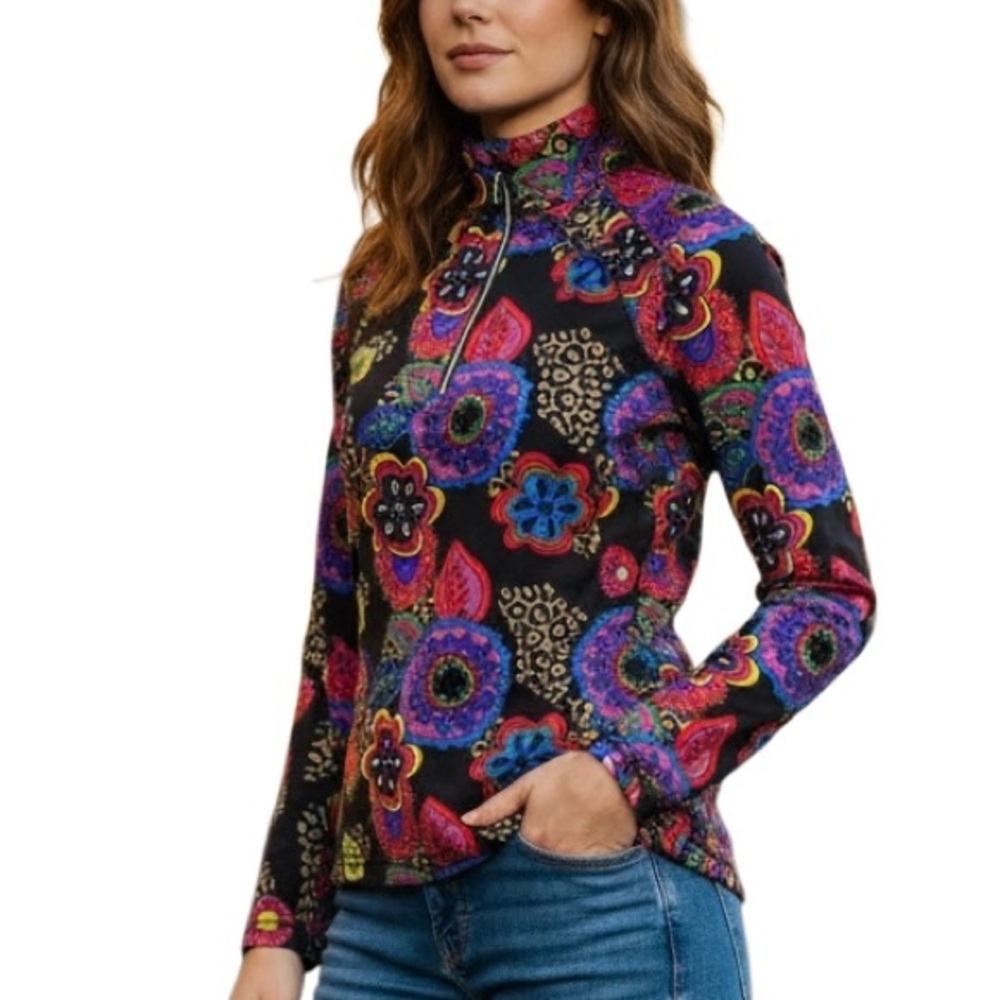 Skea Shimmies Floral Leopard Ski Base Layer Top M 1/4 Zip